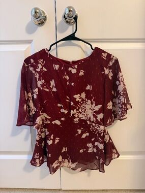 Floral Burgundy Peplum Blouse with Flutter Sleeves